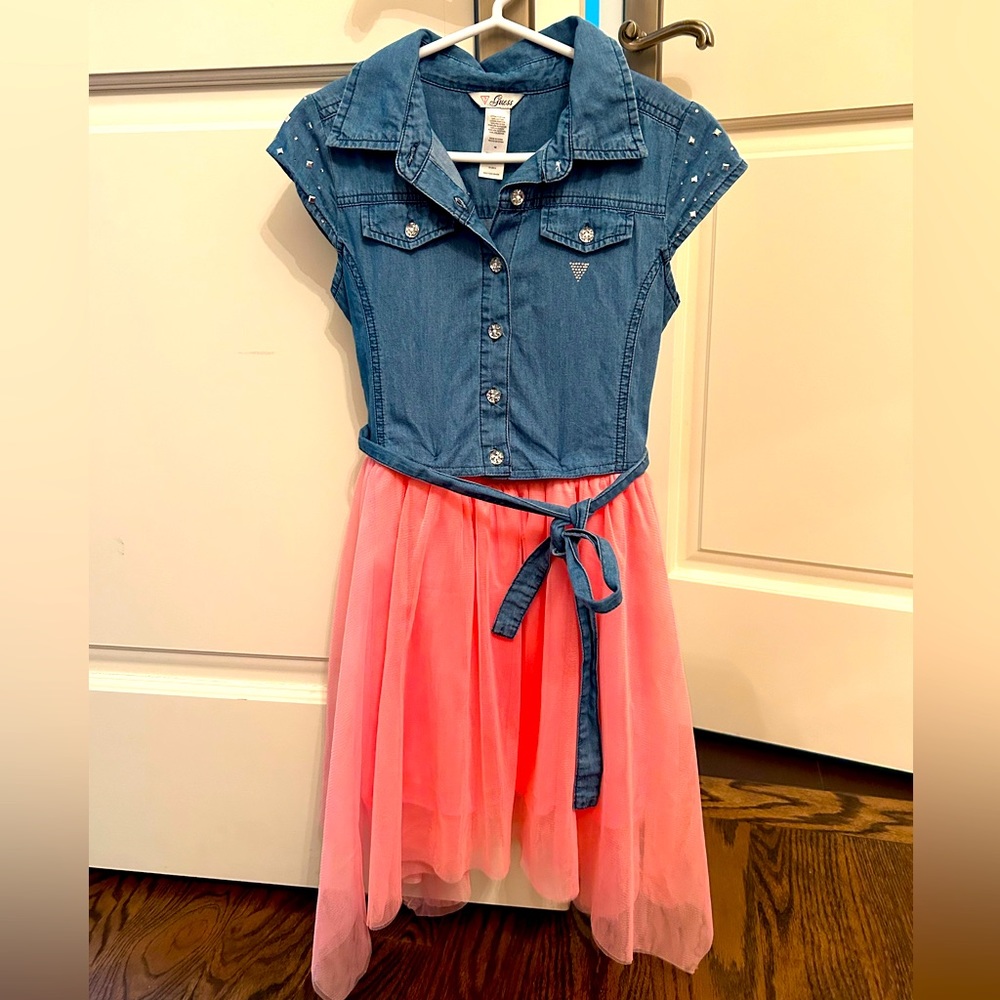 Guess denim dress with asymmetric pink tulle skirt & belt